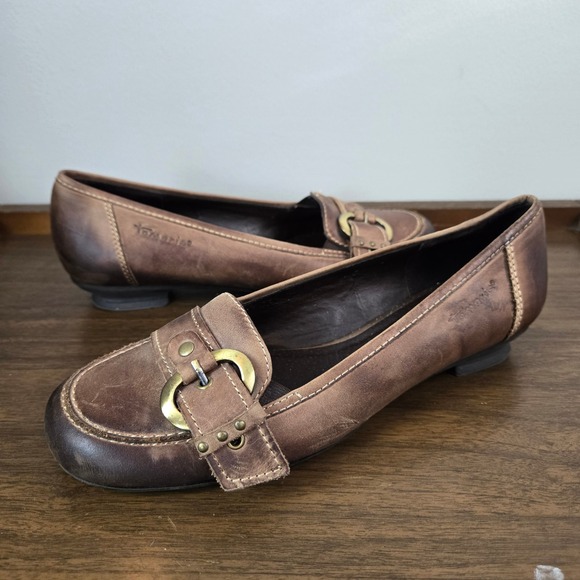 Tamaris Loafers Women 38 US 7.5 Brown Leather Buckle 90s Academia Preppy Mobwife - Picture 1 of 9